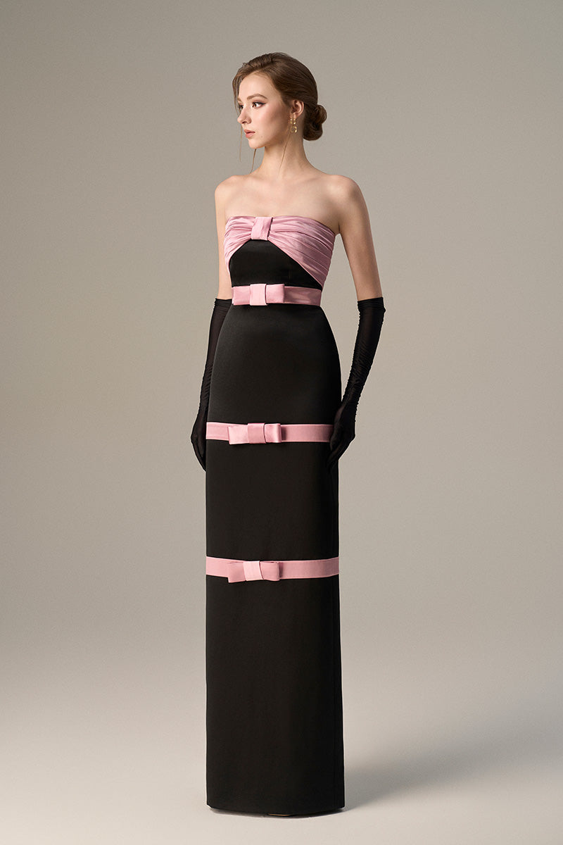 Pleated Bustier Dress With A Satin Bow And Taffeta Paneling.