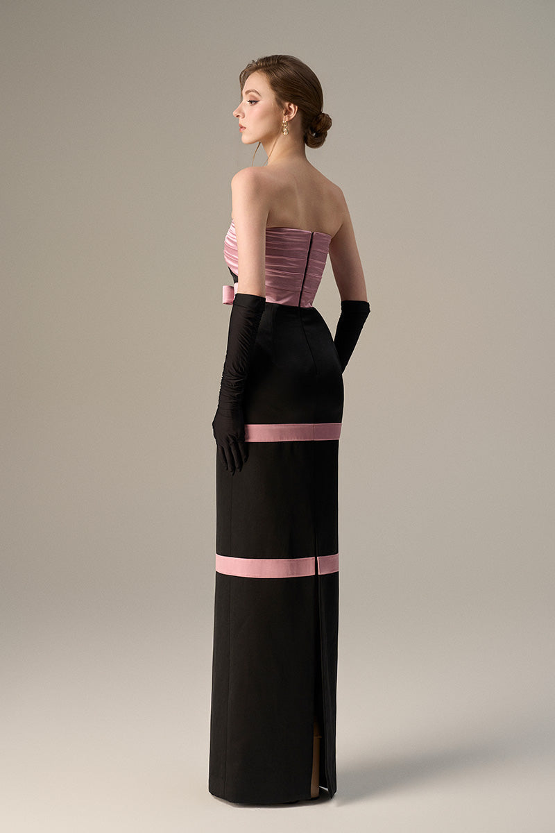 Pleated Bustier Dress With A Satin Bow And Taffeta Paneling.