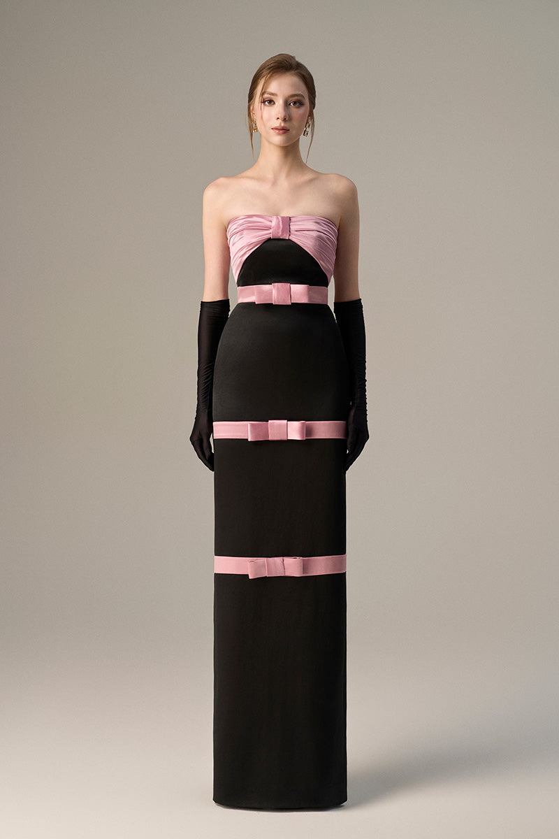 Pleated Bustier Dress With A Satin Bow And Taffeta Paneling.