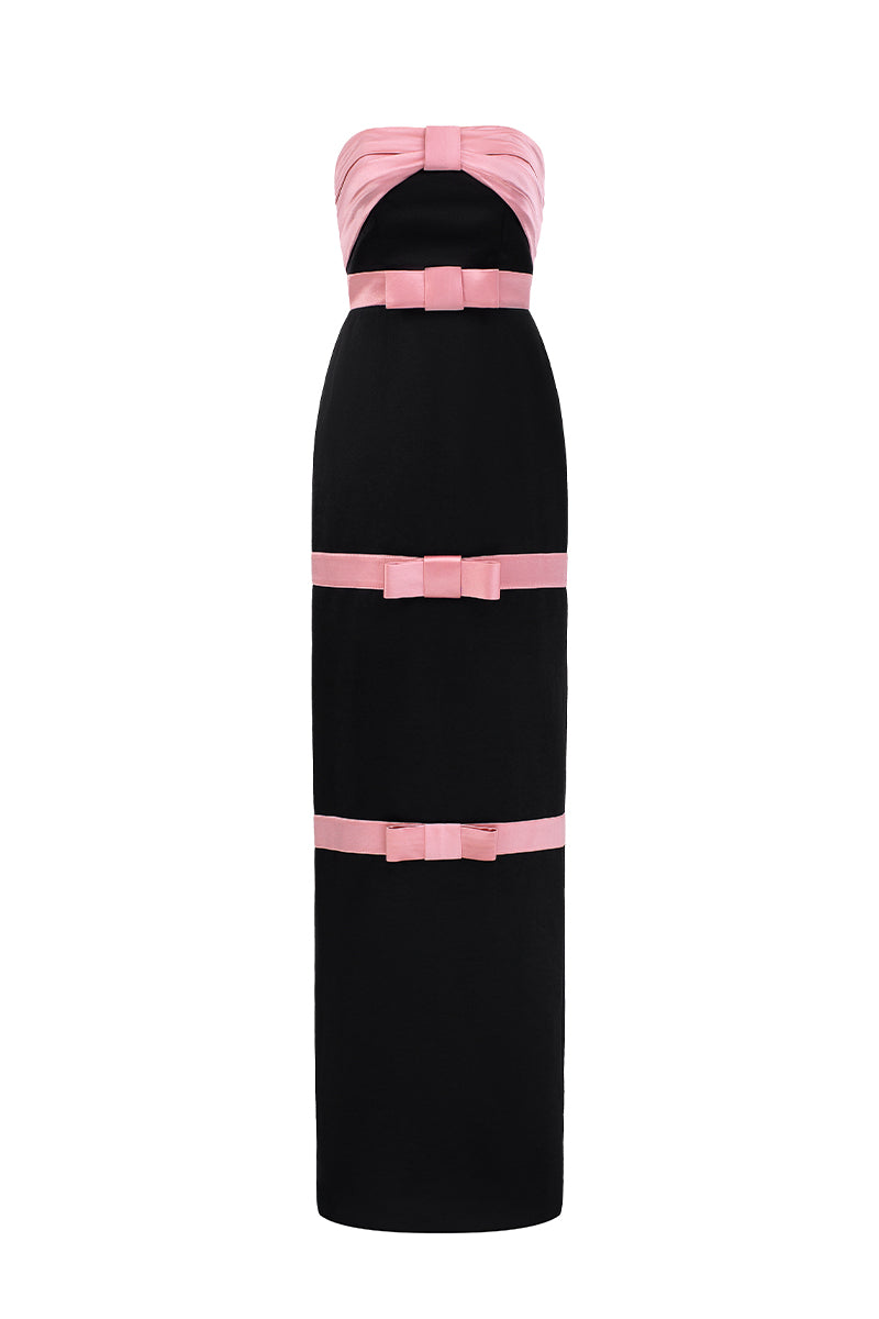 Pleated Bustier Dress With A Satin Bow And Taffeta Paneling.