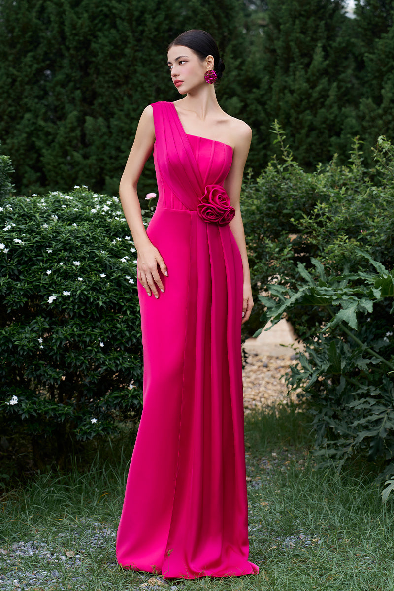 Pleated One-Shoulder Column Gown With Rose Draped Details