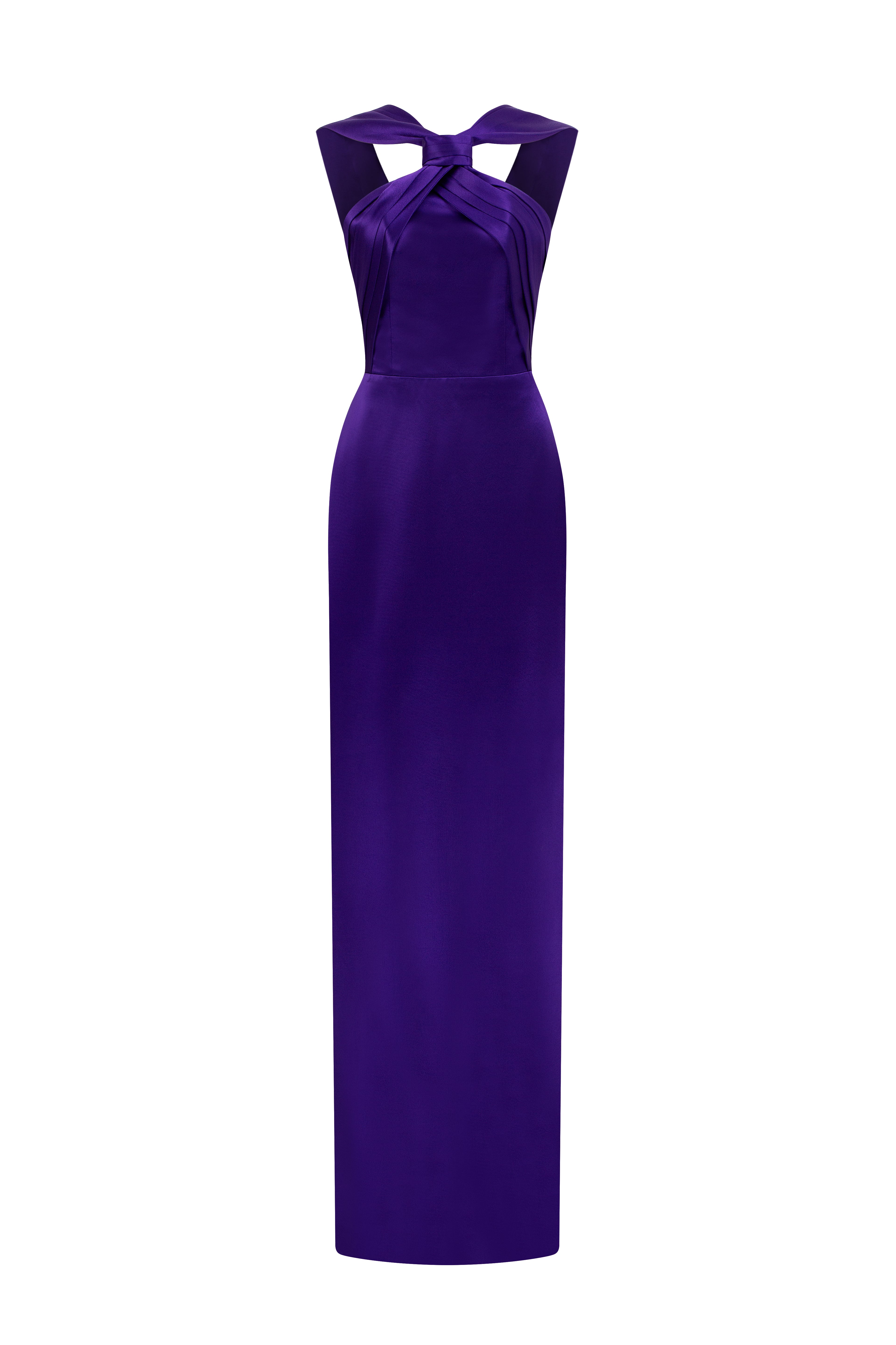 Purple Satin Silk Dress With A Ruched Neckline And Tie