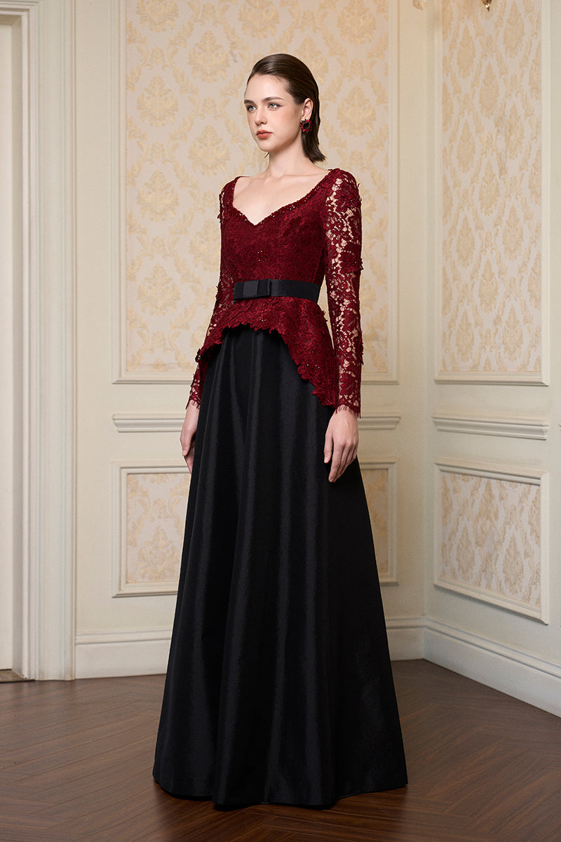 Queen Ann Neck A-Line Gown In Dark Red French Lace & Black Taffeta