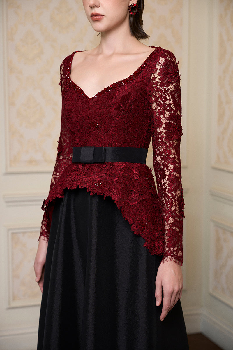 Queen Ann Neck A-Line Gown In Dark Red French Lace & Black Taffeta
