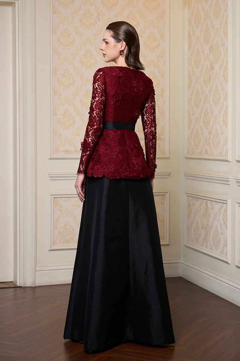 Queen Ann Neck A-Line Gown In Dark Red French Lace & Black Taffeta