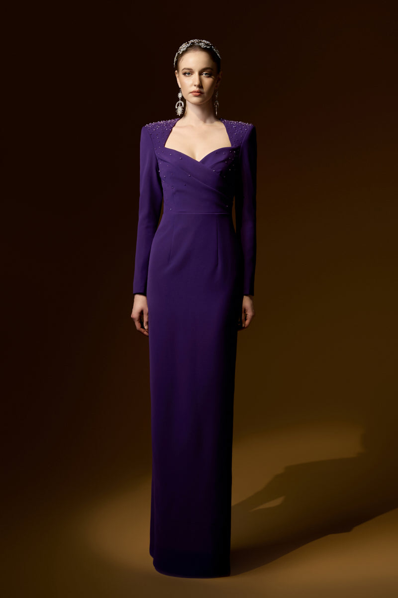 Queen Ann Neck Column Gown With Long Sleeves