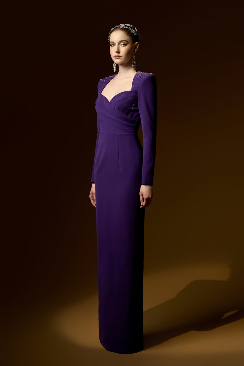 Queen Ann Neck Column Gown With Long Sleeves