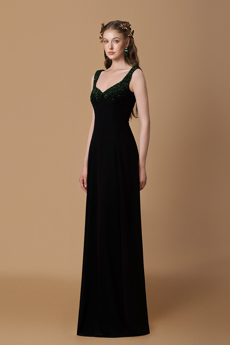 Queen Ann Neck A-Line Gown In Black Crepe