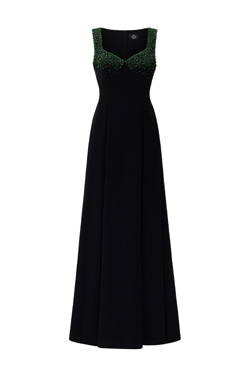 Queen Ann Neck A-Line Gown In Black Crepe