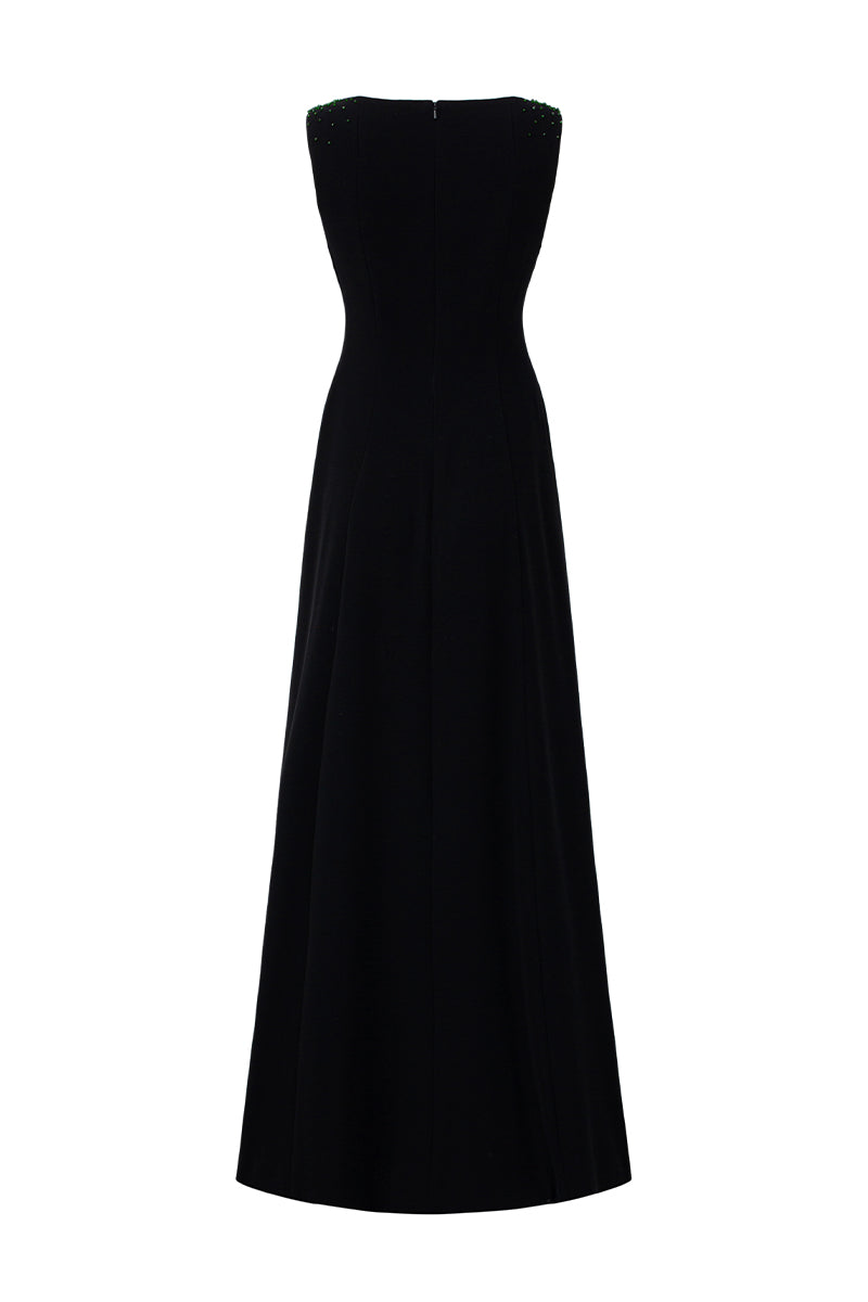 Queen Ann Neck A-Line Gown In Black Crepe