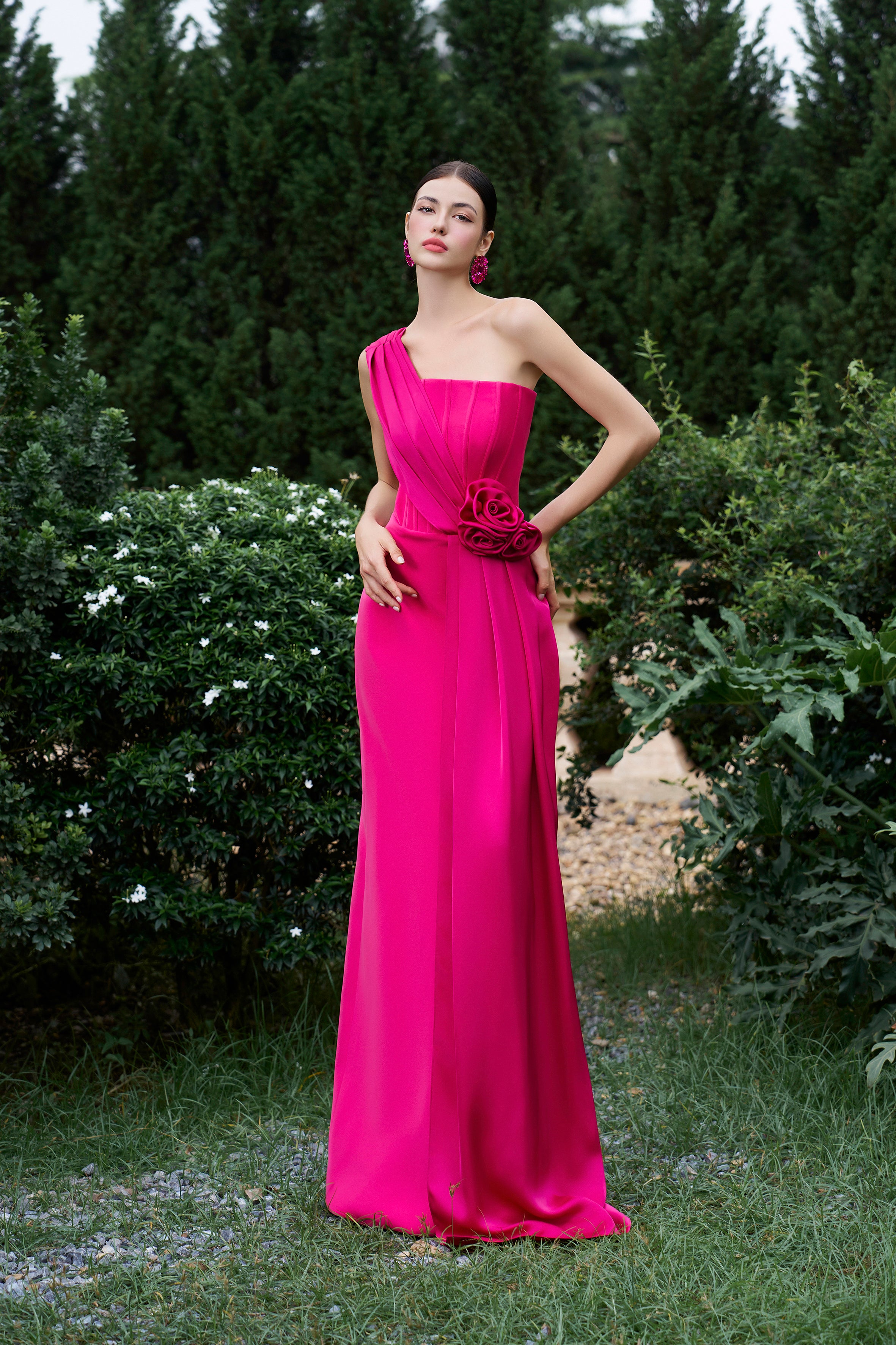 Pleated One-Shoulder Column Gown With Rose Draped Details