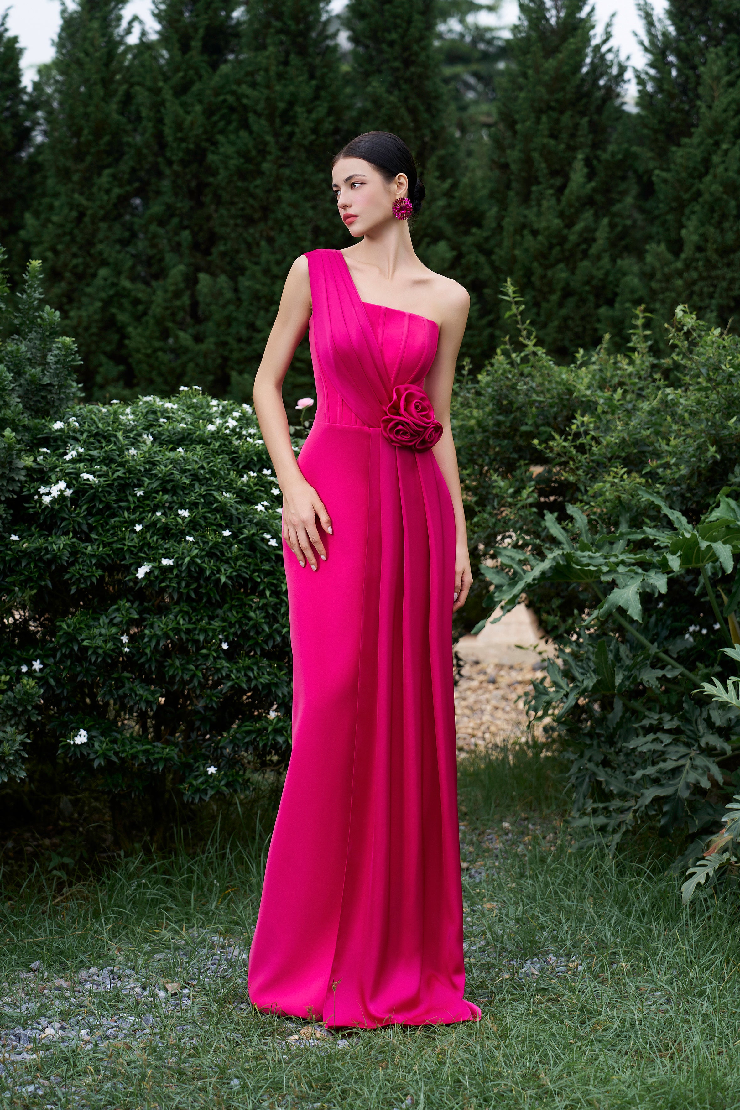 Pleated One-Shoulder Column Gown With Rose Draped Details