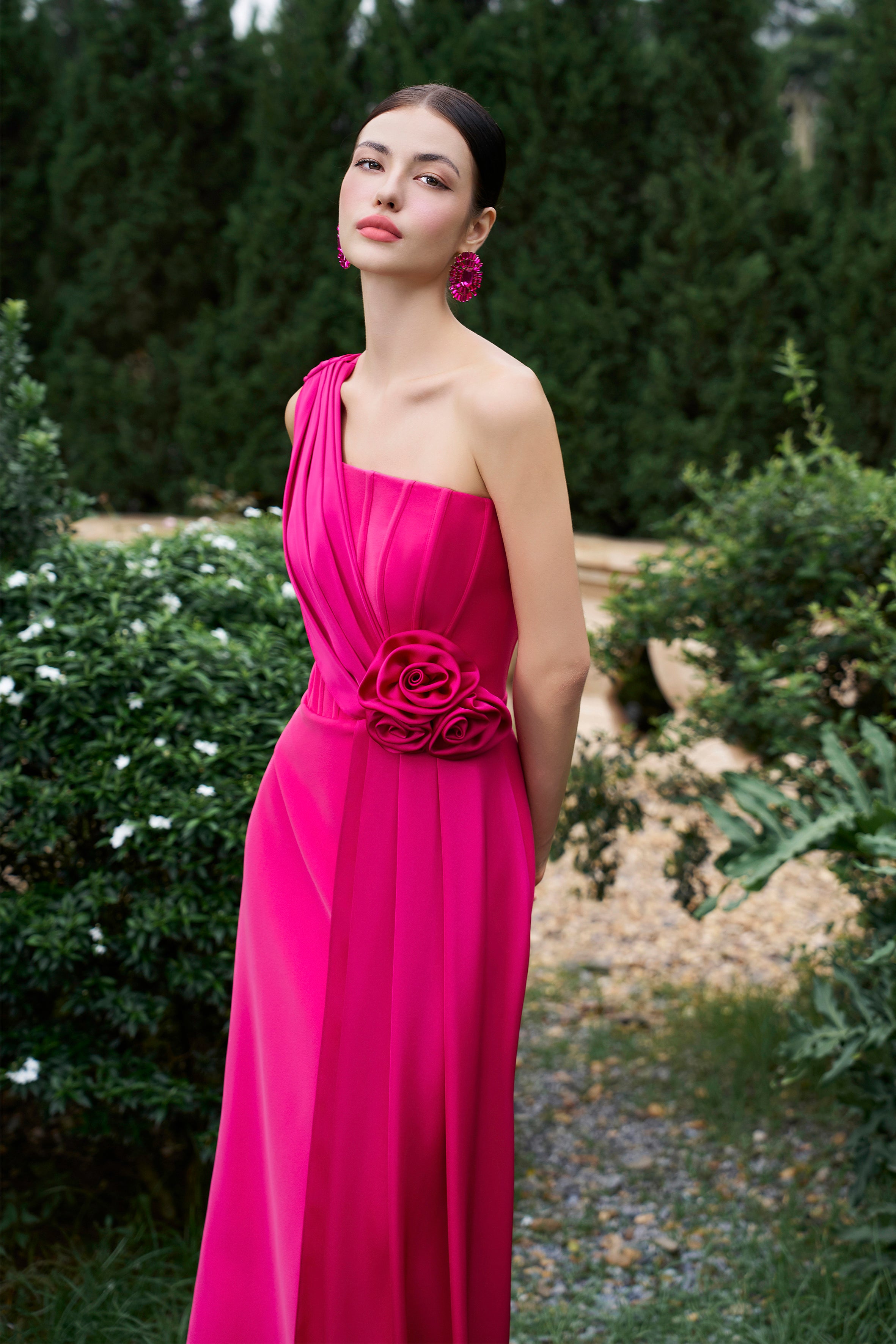 Pleated One-Shoulder Column Gown With Rose Draped Details