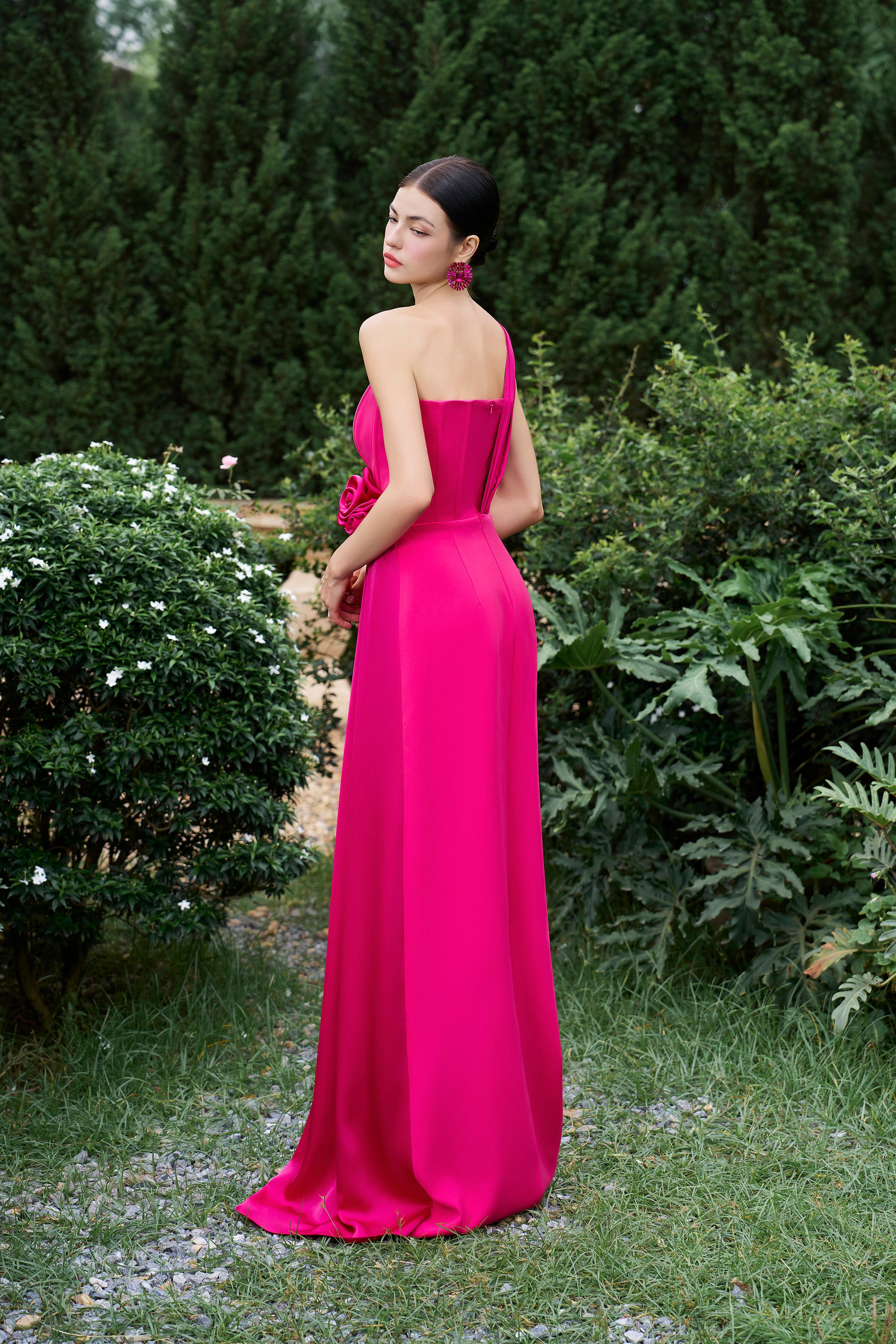 Pleated One-Shoulder Column Gown With Rose Draped Details