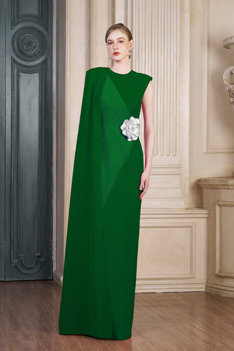 Column Evening Gown With Side Waist Patched And Attached One Shoulder Long Cape