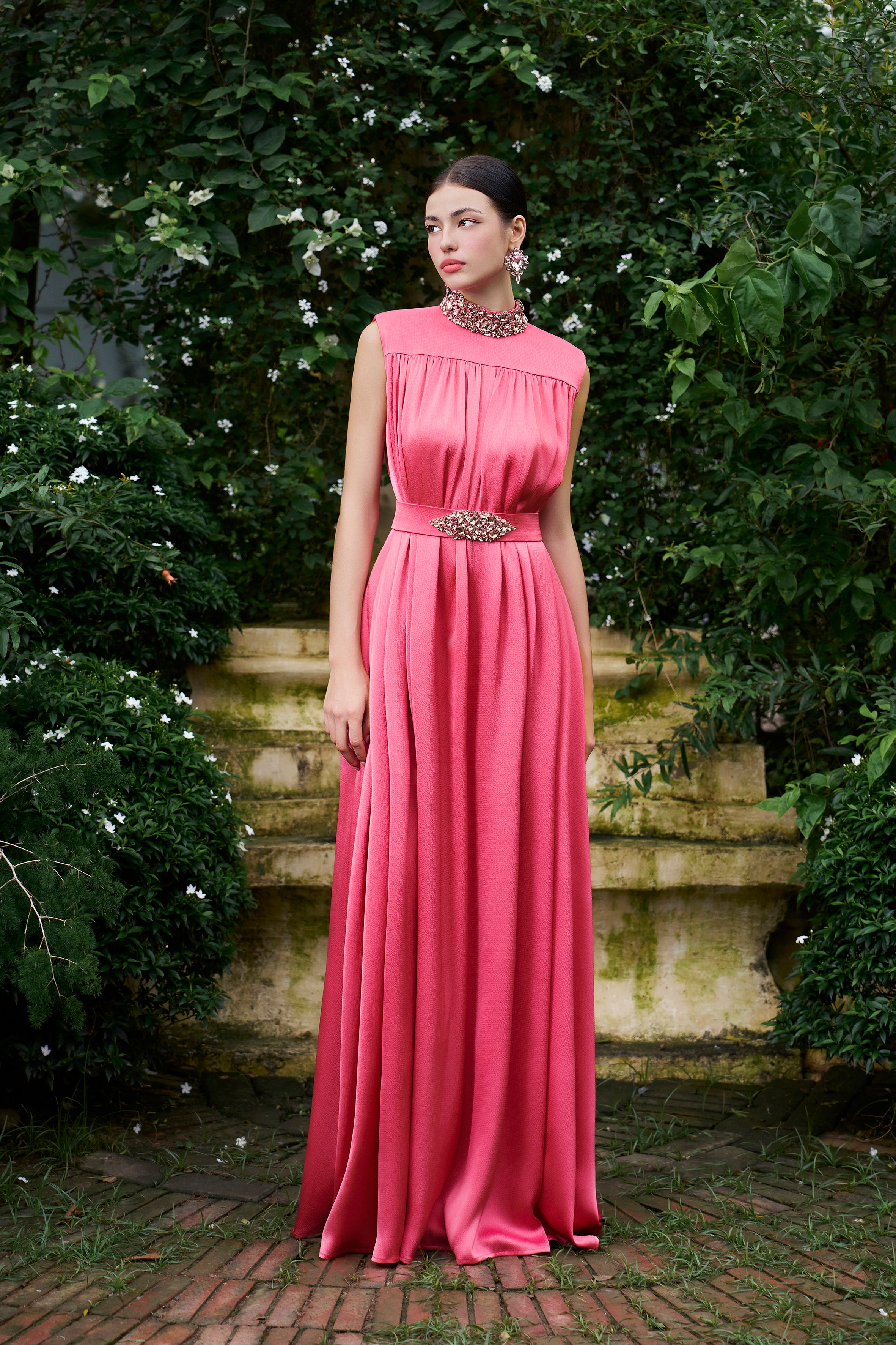 High Neck Sleeveless Gathered Silk Gown