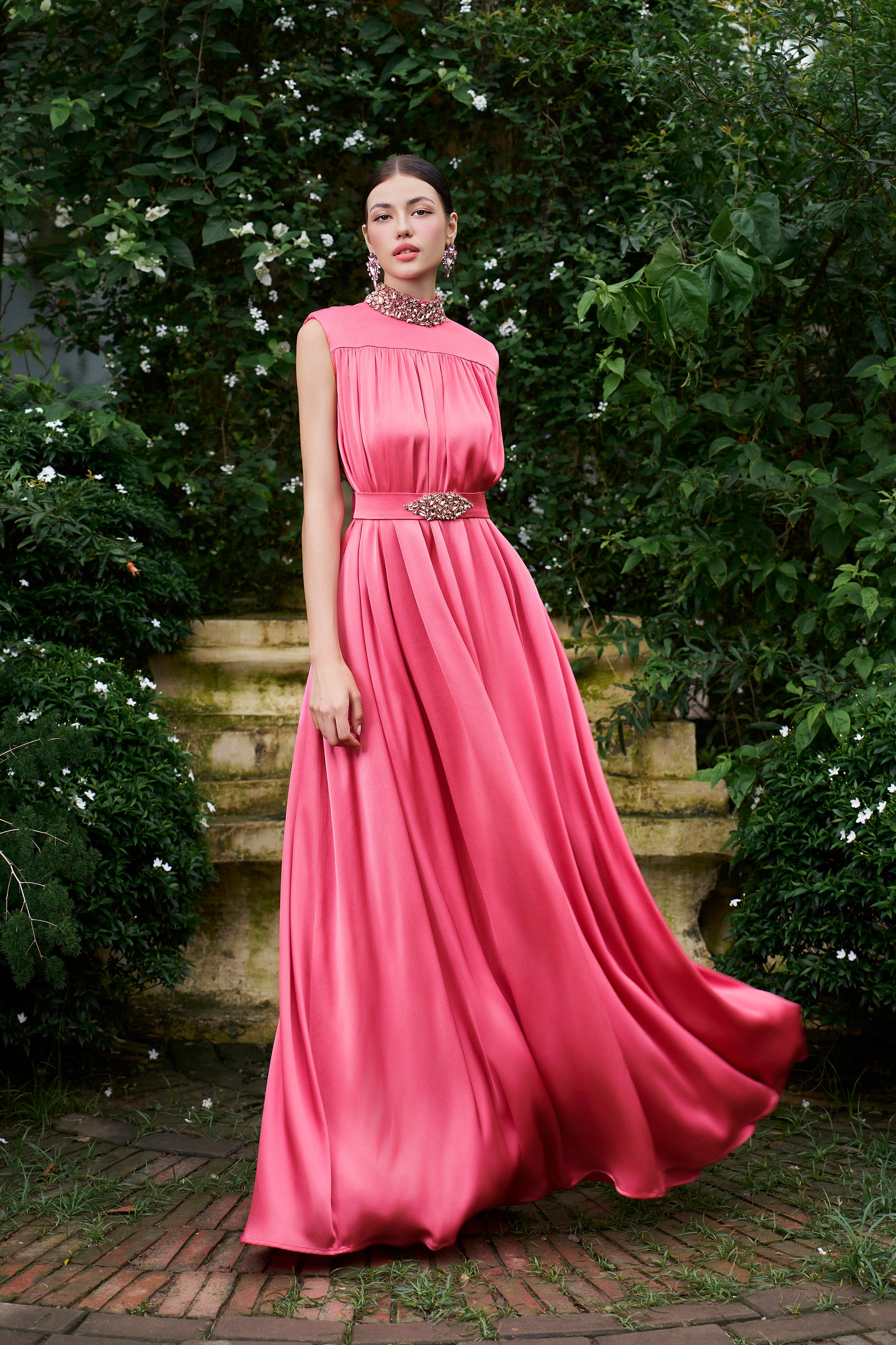 High Neck Sleeveless Gathered Silk Gown