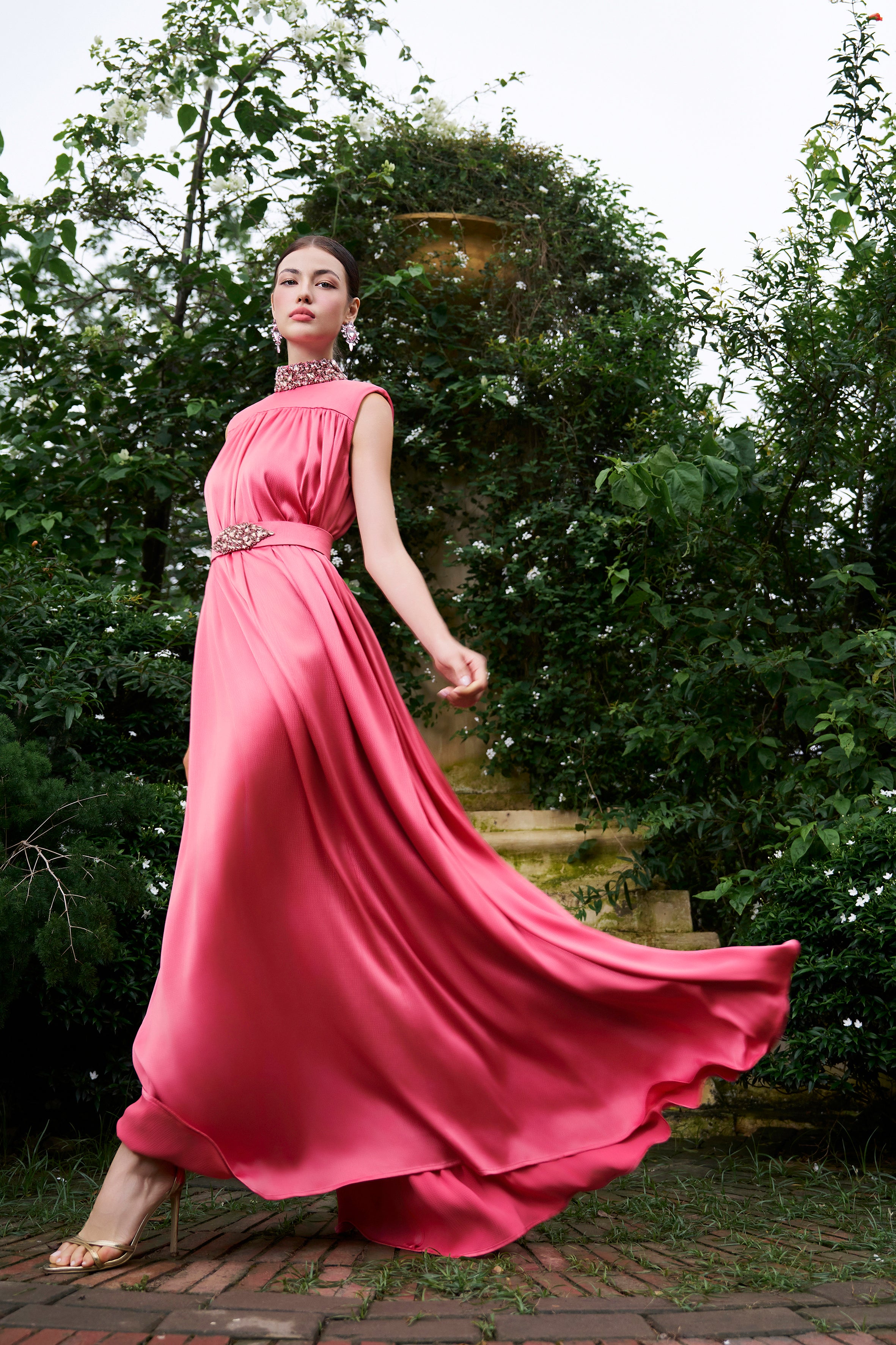 High Neck Sleeveless Gathered Silk Gown