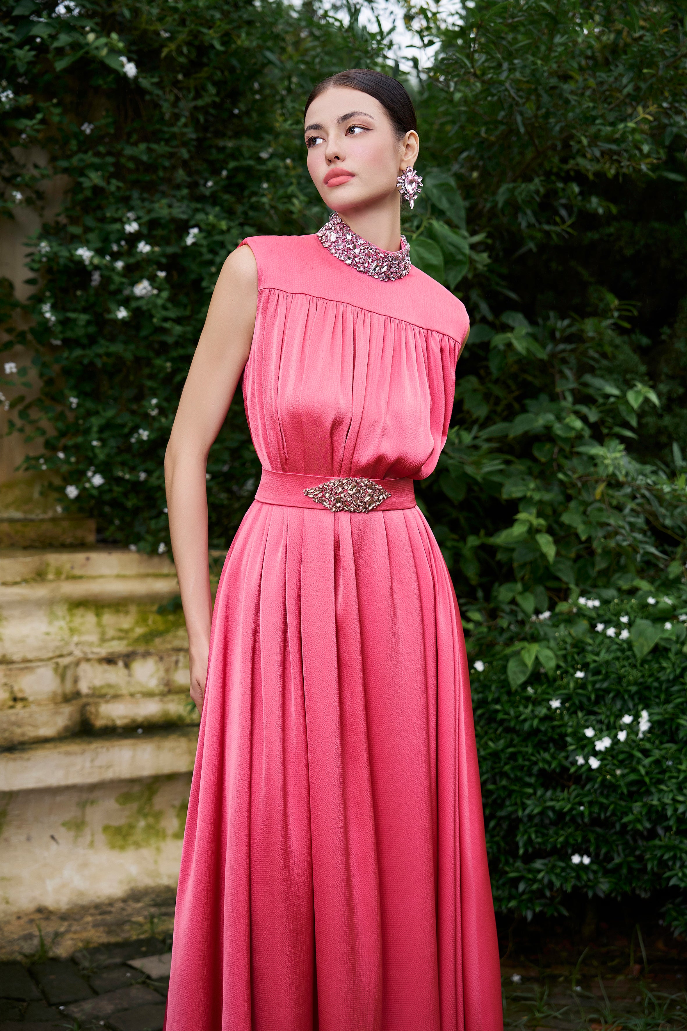 High Neck Sleeveless Gathered Silk Gown