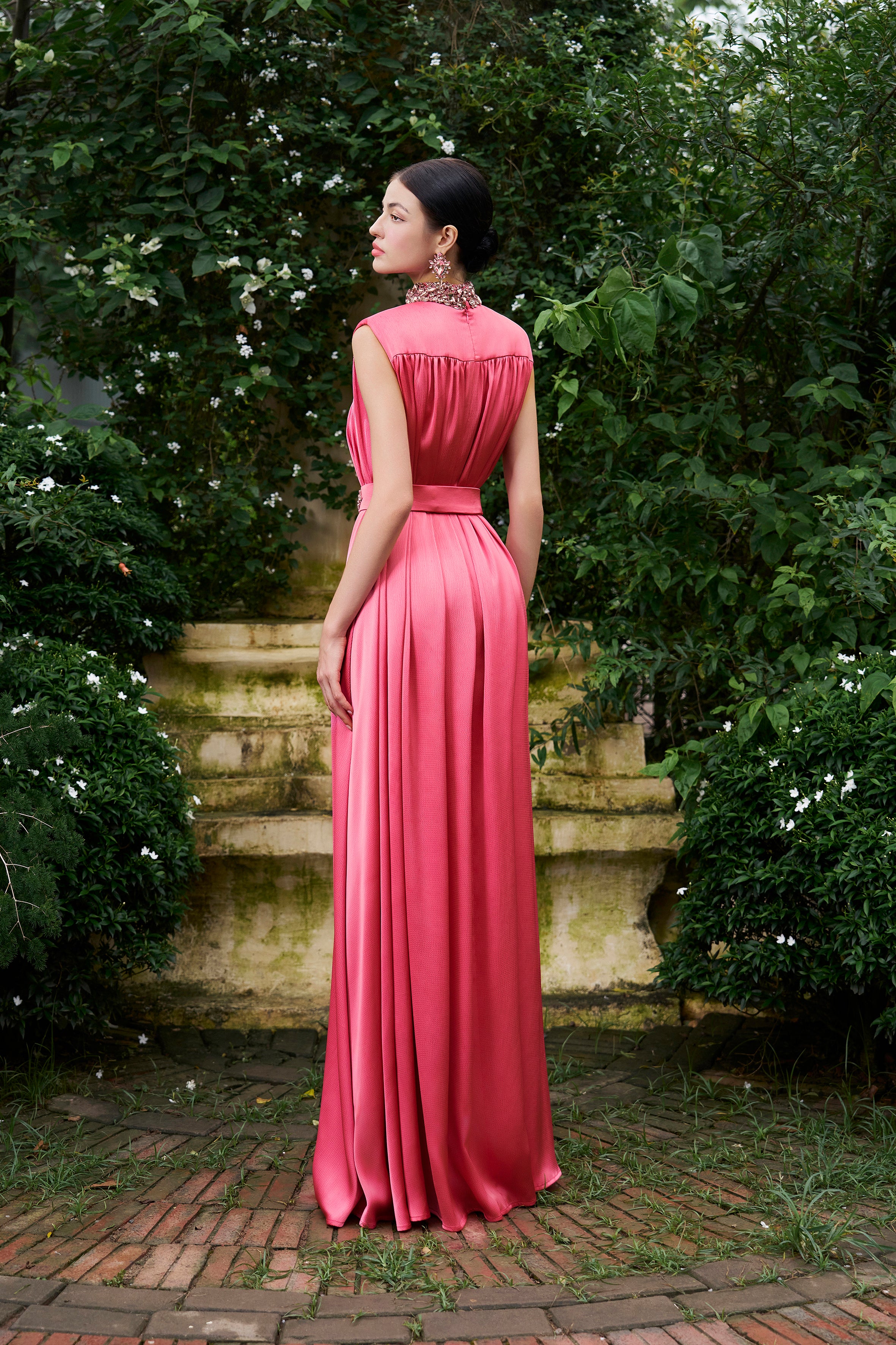 High Neck Sleeveless Gathered Silk Gown