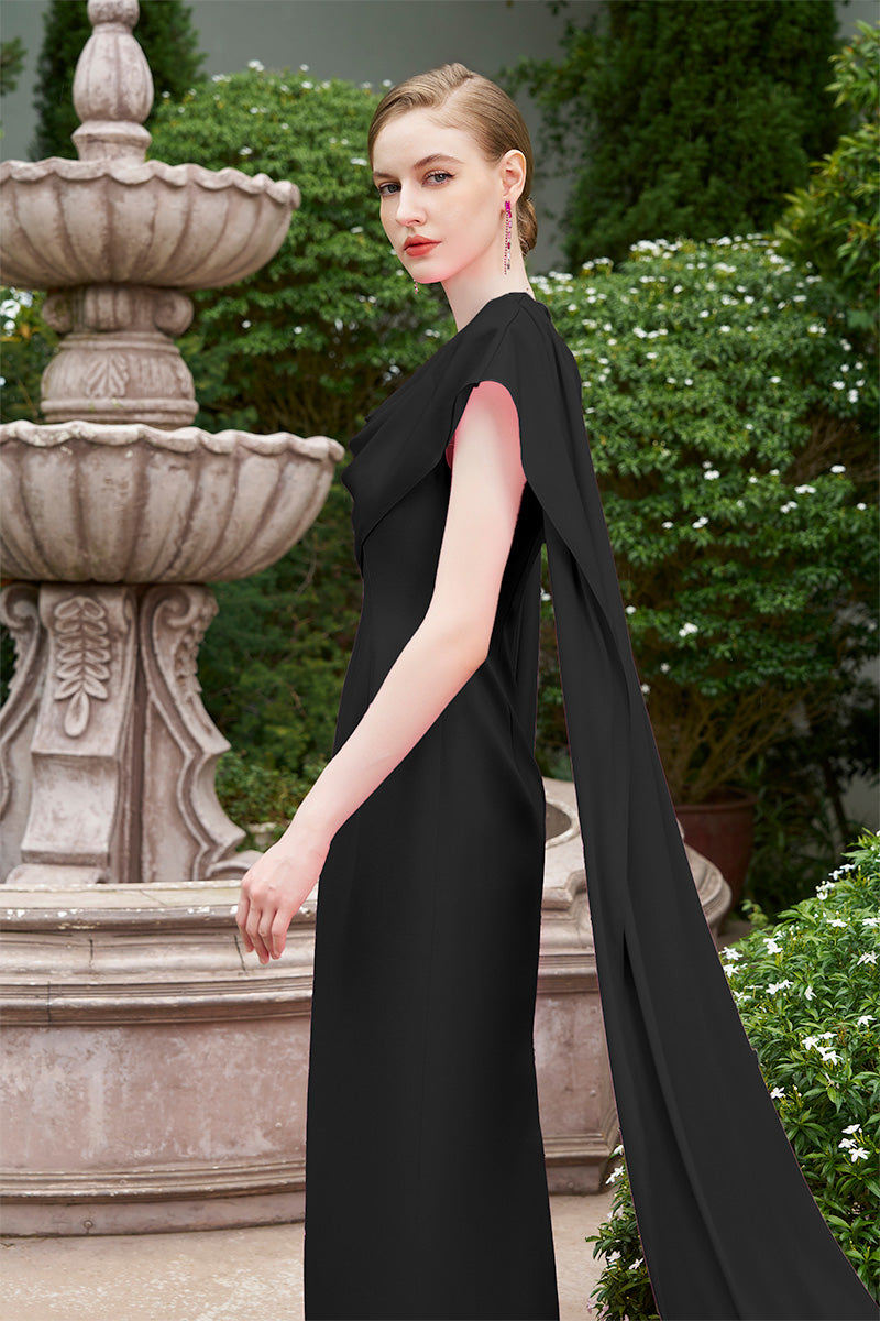 COLUMN EVENING GOWN WITH DRAPED RIBBON OVER THE SHOULDER