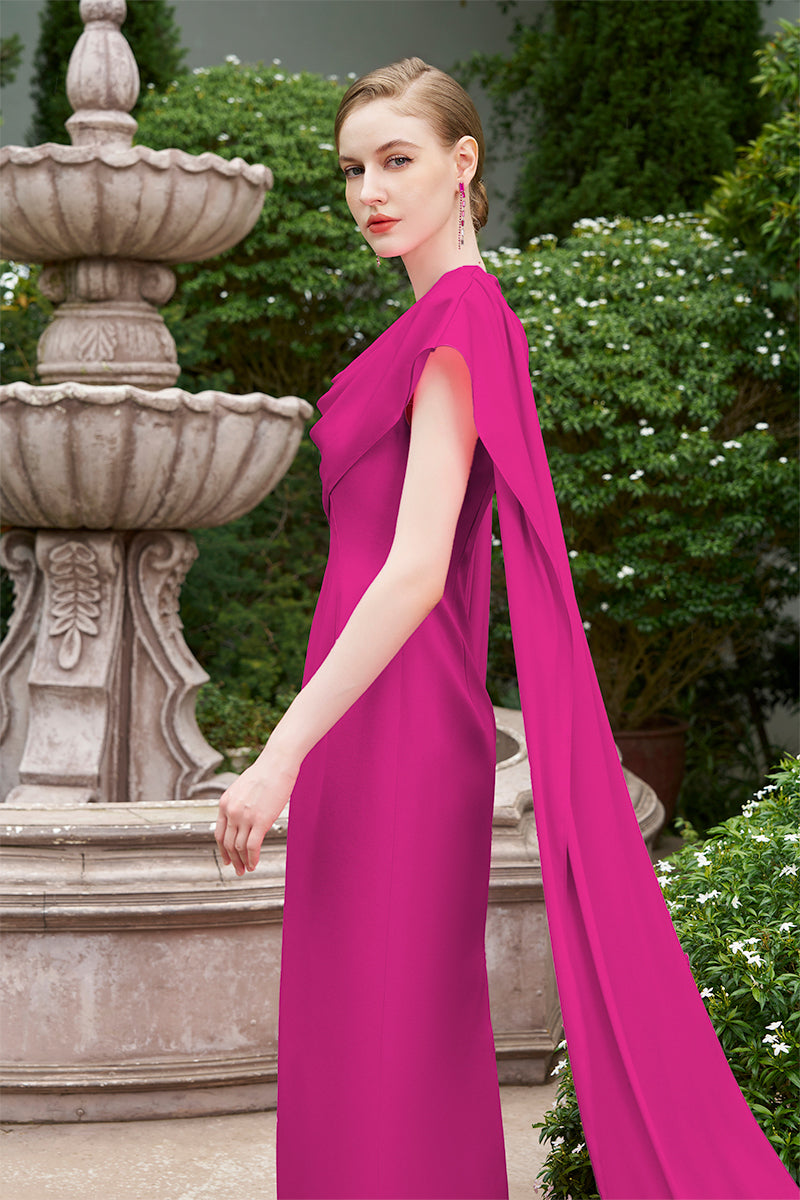 COLUMN EVENING GOWN WITH DRAPED RIBBON OVER THE SHOULDER
