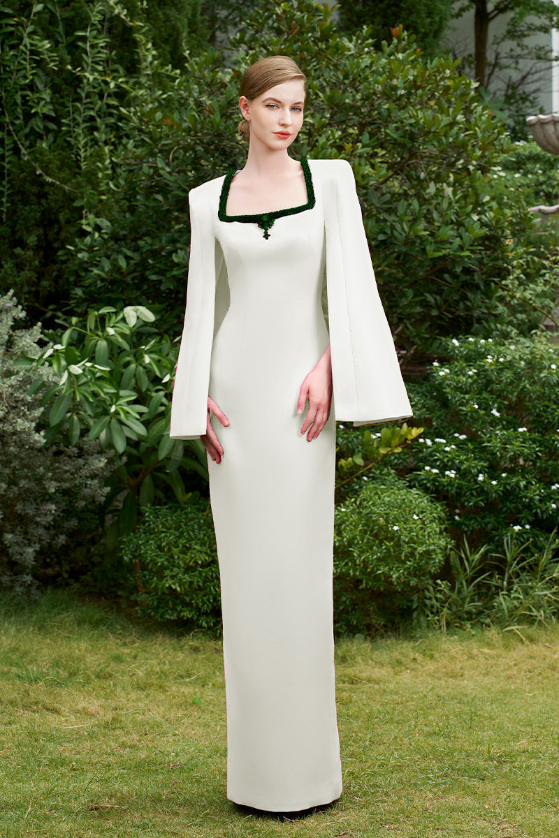 COLUMN EVENING GOWN WITH TRAPEZE NECKLINE AND LONG SLIT SLEEVES