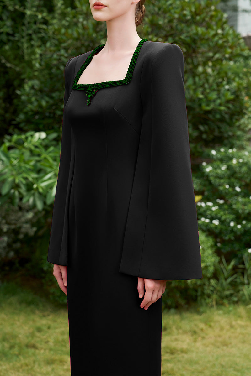 COLUMN EVENING GOWN WITH TRAPEZE NECKLINE AND LONG SLIT SLEEVES