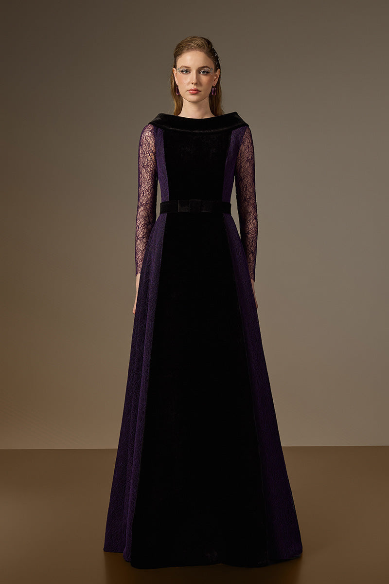 Round Neck A-Line Gown With De-Constructed Collar In Black Velvet And Purple Vine Guipure Lace