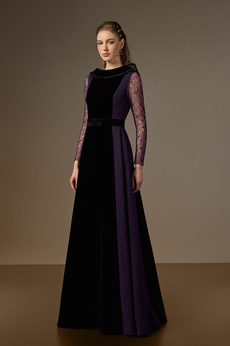 Round Neck A-Line Gown With De-Constructed Collar In Black Velvet And Purple Vine Guipure Lace