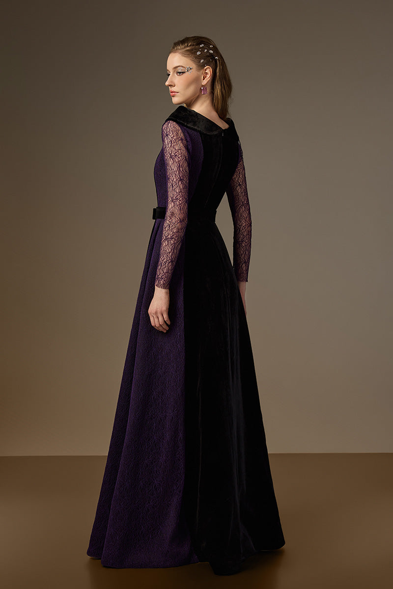 Round Neck A-Line Gown With De-Constructed Collar In Black Velvet And Purple Vine Guipure Lace