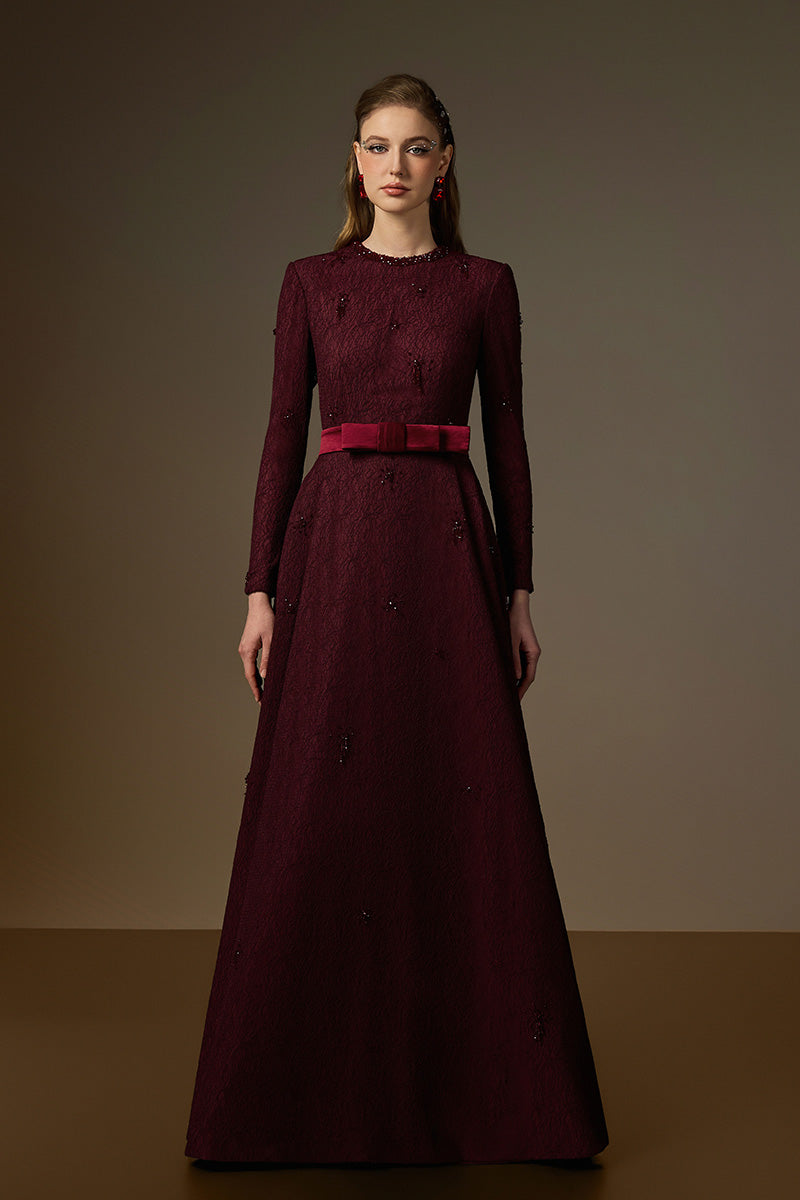 Round Neck A-Line Gown With Red Crystal Embellishments In Burgundy Vine Guipure Lace