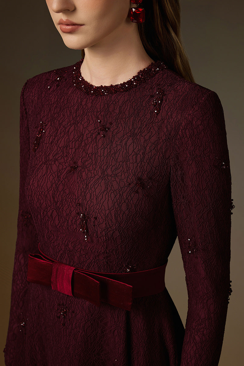 Round Neck A-Line Gown With Red Crystal Embellishments In Burgundy Vine Guipure Lace