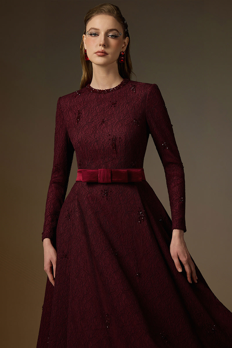 Round Neck A-Line Gown With Red Crystal Embellishments In Burgundy Vine Guipure Lace