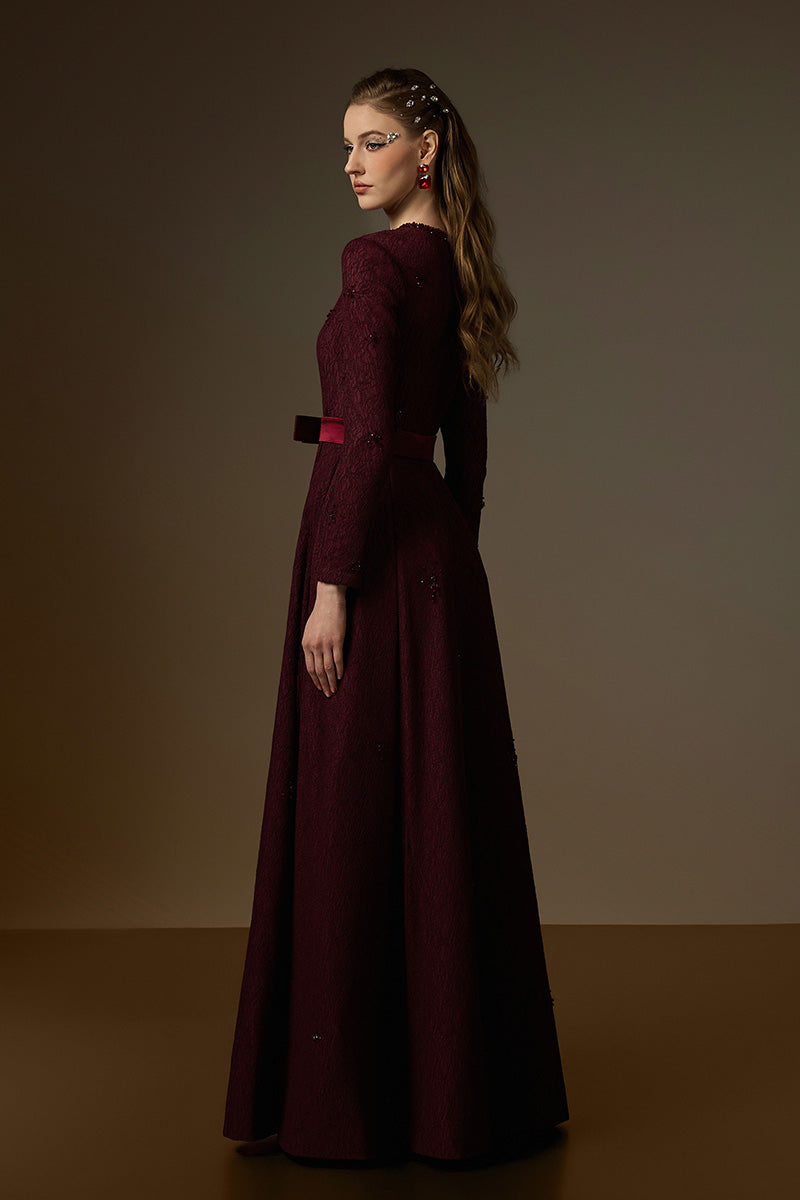 Round Neck A-Line Gown With Red Crystal Embellishments In Burgundy Vine Guipure Lace