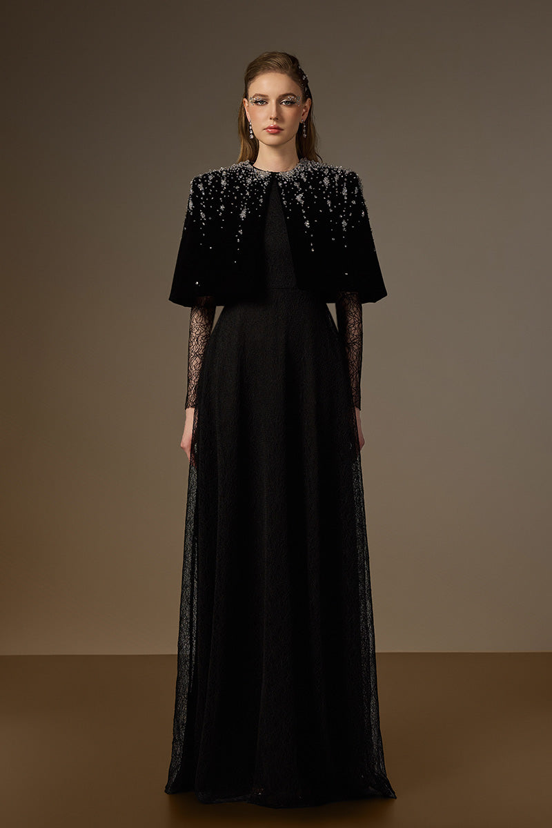 Round Neck A-Line Gown With Mini Cape In Black Vine Guipure Lace & Lyon Velvet
