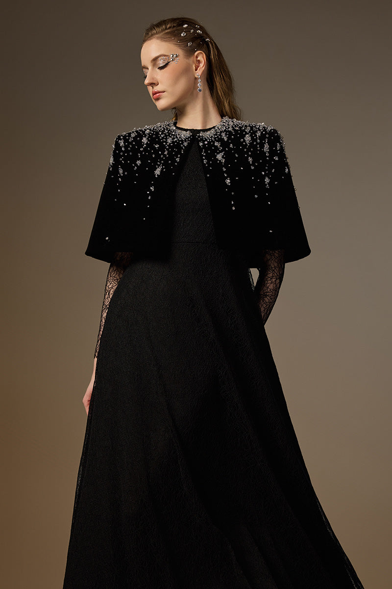 Round Neck A-Line Gown With Mini Cape In Black Vine Guipure Lace & Lyon Velvet