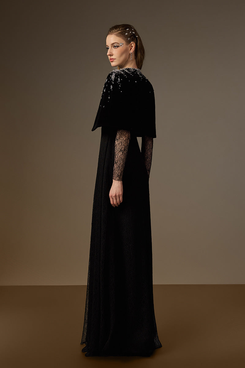 Round Neck A-Line Gown With Mini Cape In Black Vine Guipure Lace & Lyon Velvet