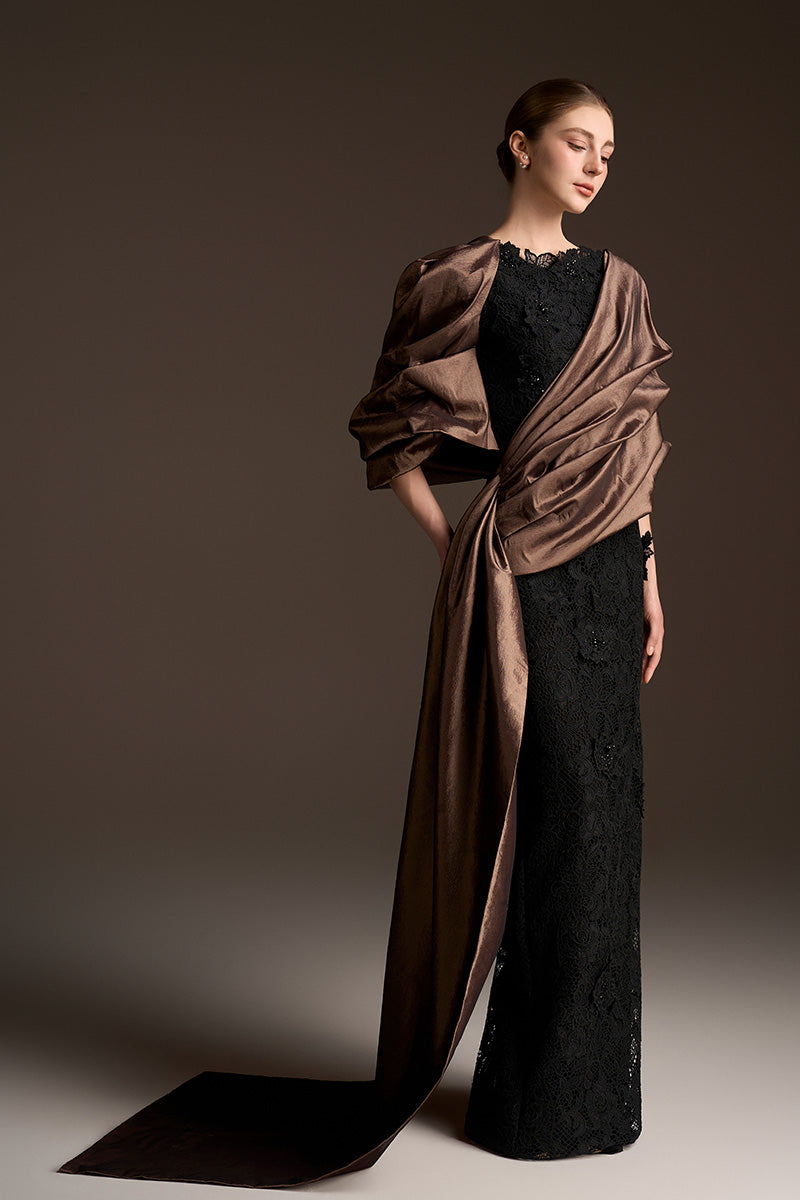 Round Neck And Draped Sleeves Column Dress In Guipure Lace