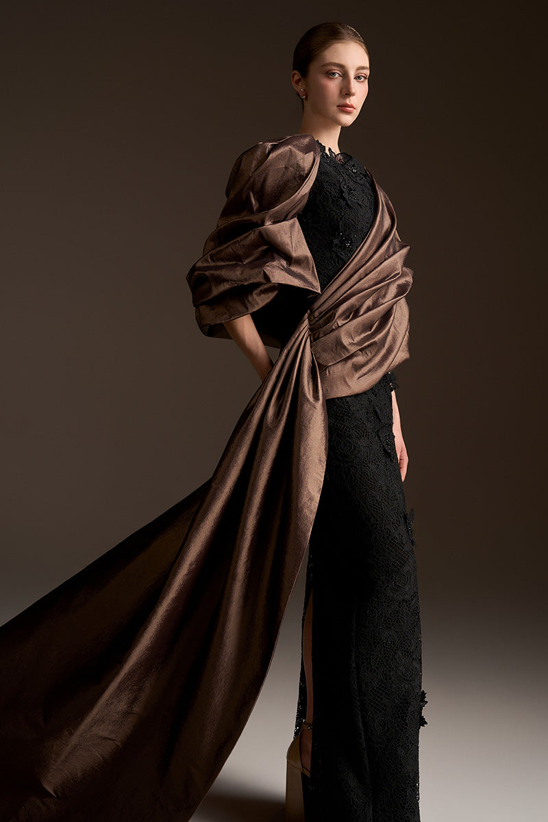 Round Neck And Draped Sleeves Column Dress In Guipure Lace