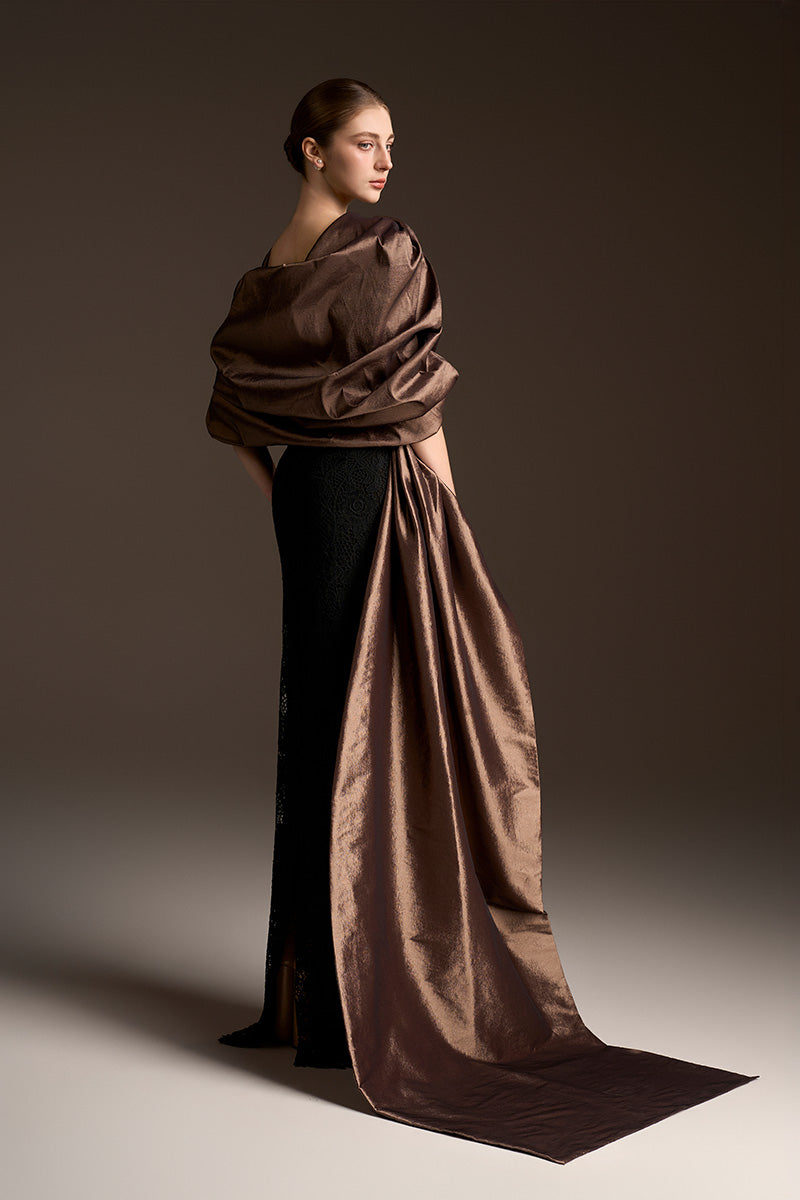 Round Neck And Draped Sleeves Column Dress In Guipure Lace