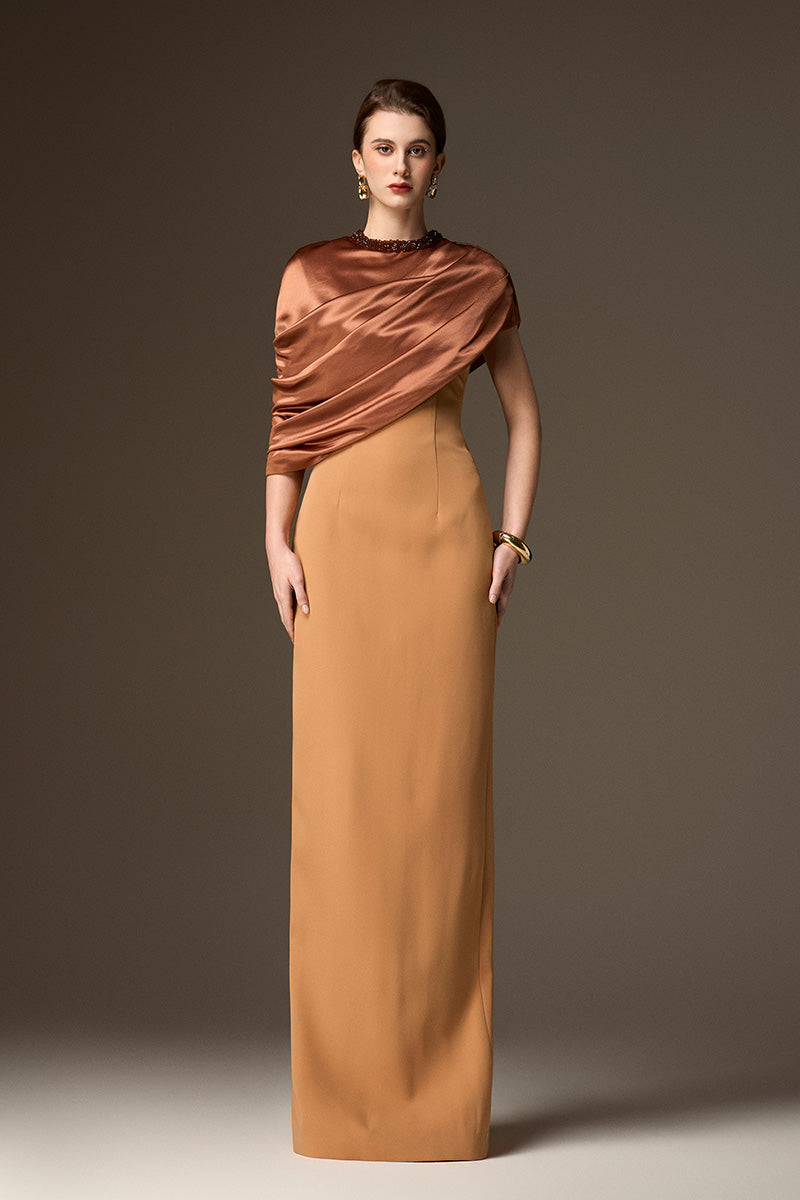 Round Neck Column Gown With Asymmetric Cape In Brown Satin Silk And Light Brown Crepe