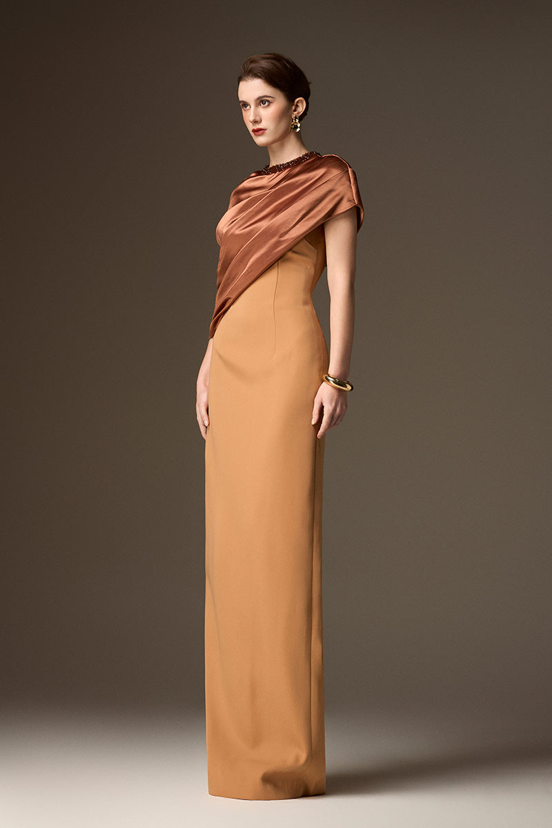 Round Neck Column Gown With Asymmetric Cape In Brown Satin Silk And Light Brown Crepe