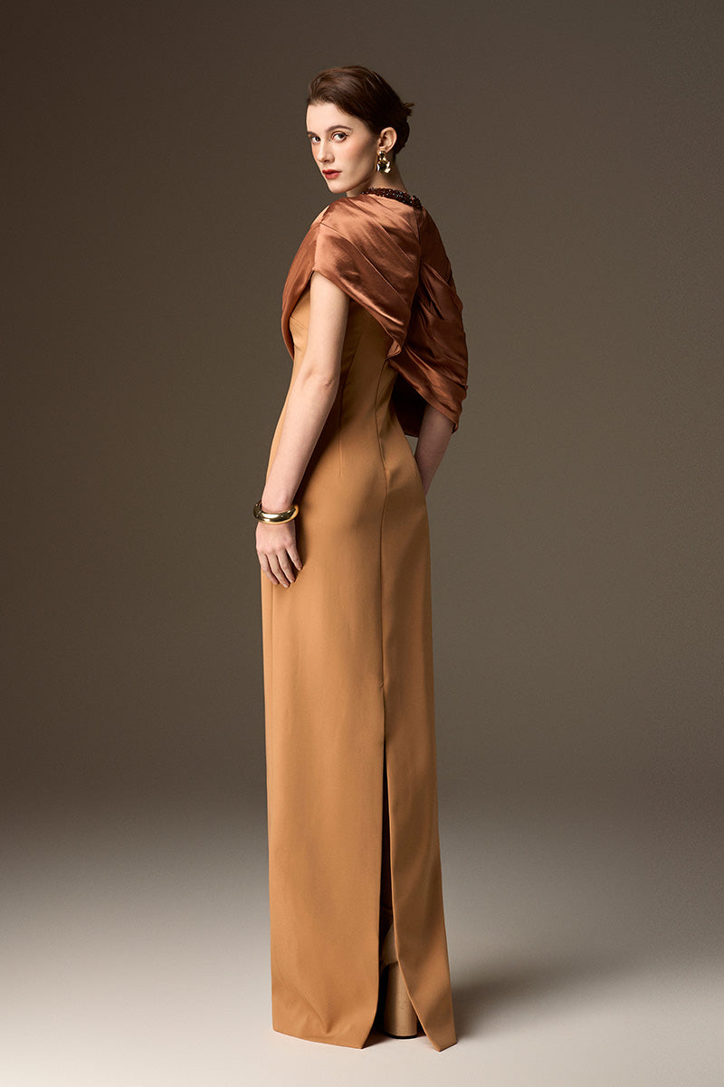 Round Neck Column Gown With Asymmetric Cape In Brown Satin Silk And Light Brown Crepe