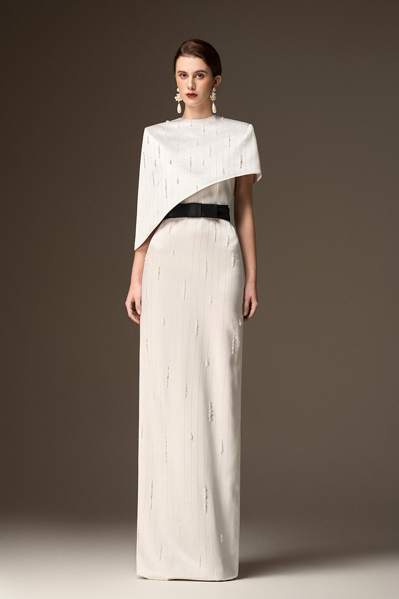 Round Neck Column Gown With Asymmetric Cape In White Metallic Striped Silk