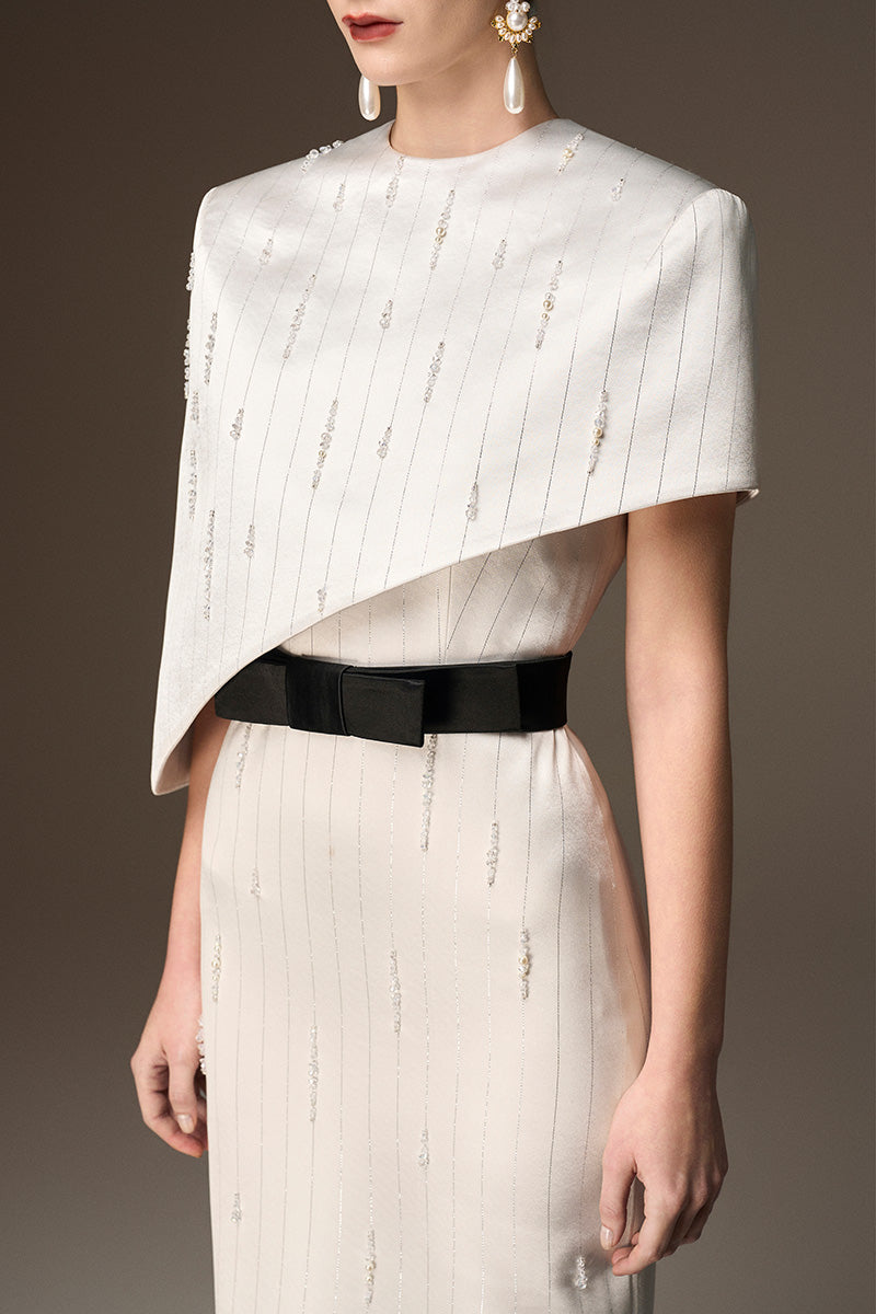 Round Neck Column Gown With Asymmetric Cape In White Metallic Striped Silk