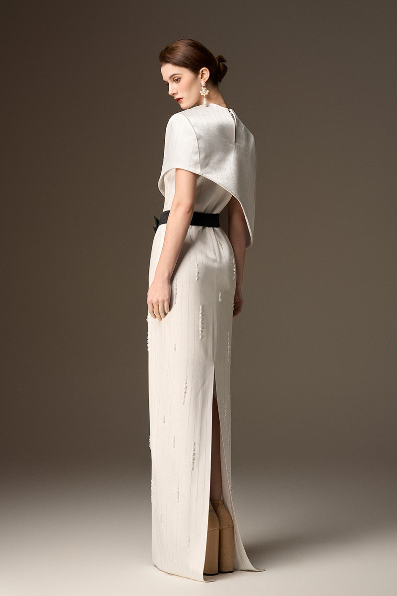 Round Neck Column Gown With Asymmetric Cape In White Metallic Striped Silk