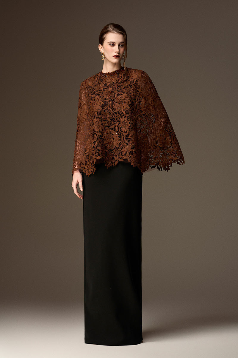 Round Neck Column Gown With Cape In Black Crepe And Cocoa Brown Lily Floral Lace