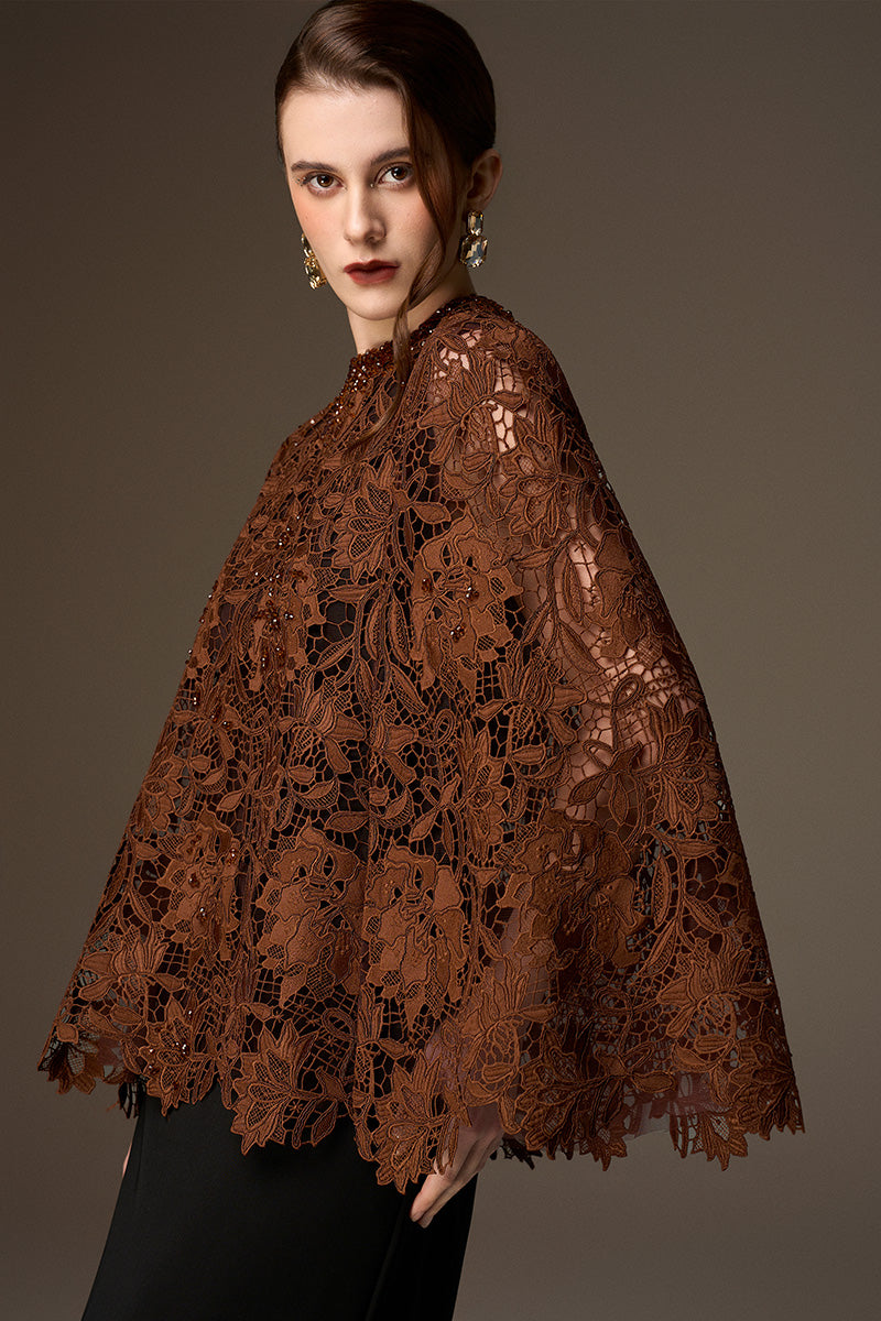 Round Neck Column Gown With Cape In Black Crepe And Cocoa Brown Lily Floral Lace
