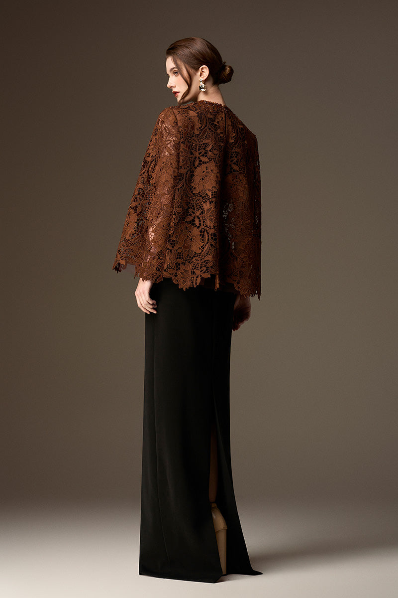 Round Neck Column Gown With Cape In Black Crepe And Cocoa Brown Lily Floral Lace